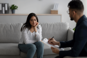 a woman sits on a couch while her therapist holds a clipboard explaining to her about the types of adhd